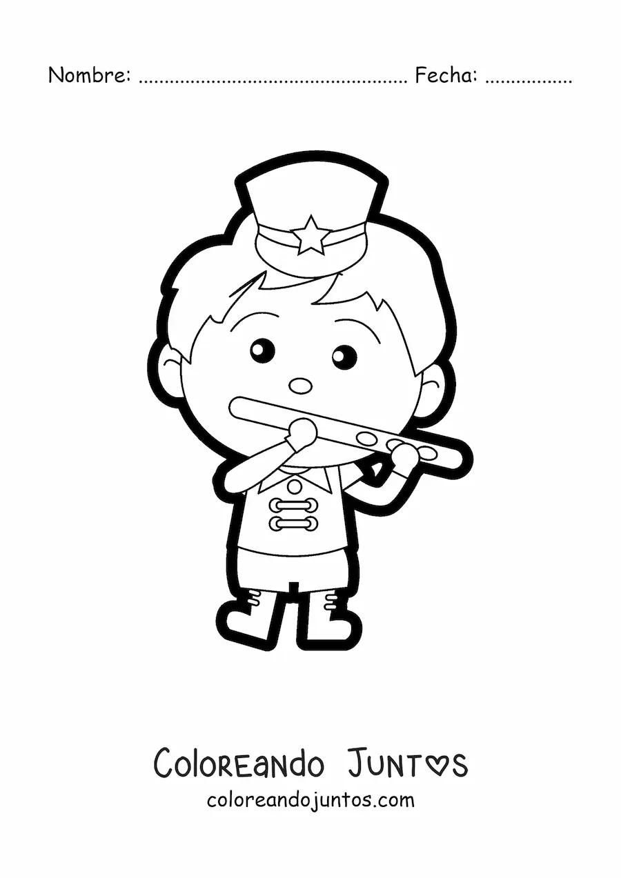 Imagen para colorear de un niño flautista vestido con uniforme de banda marcial