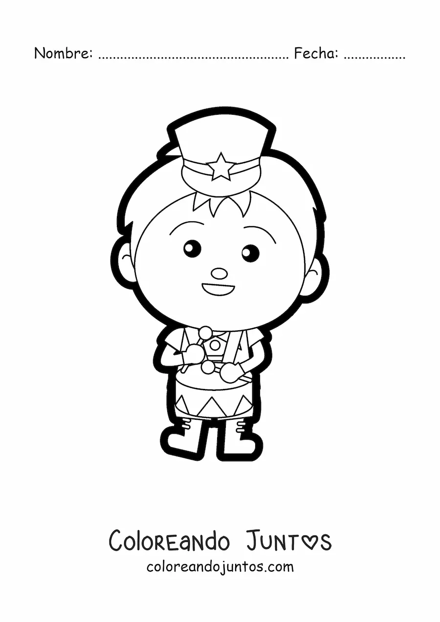 Imagen para colorear de un niño con uniforme de banda marcial tocando el tambor