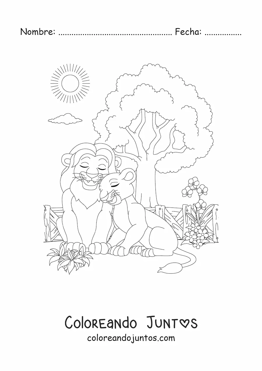 Imagen para colorear de una pareja de leones enamorados juntos en el zoológico