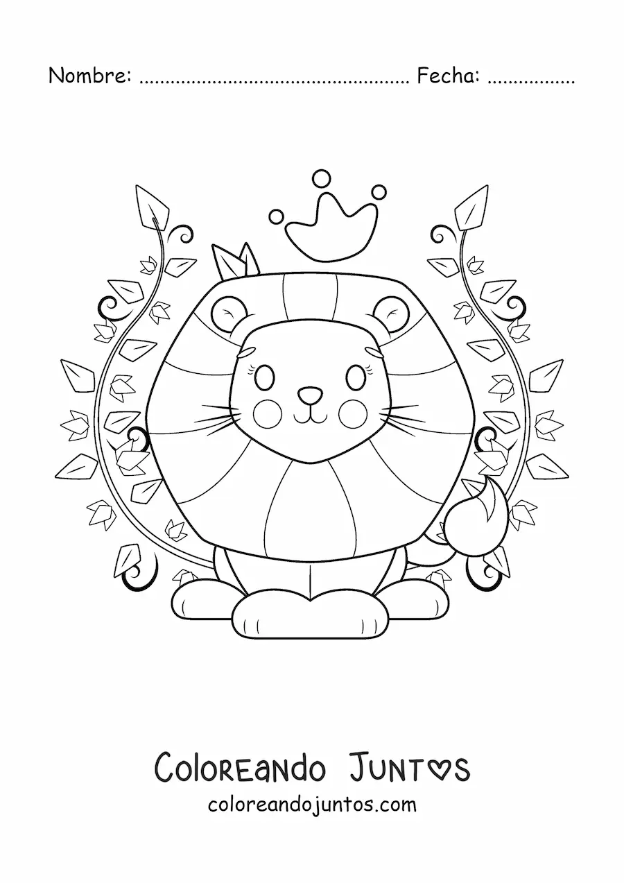 Imagen para colorear de un león kawaii con una corona rodeado de plantas decorativas