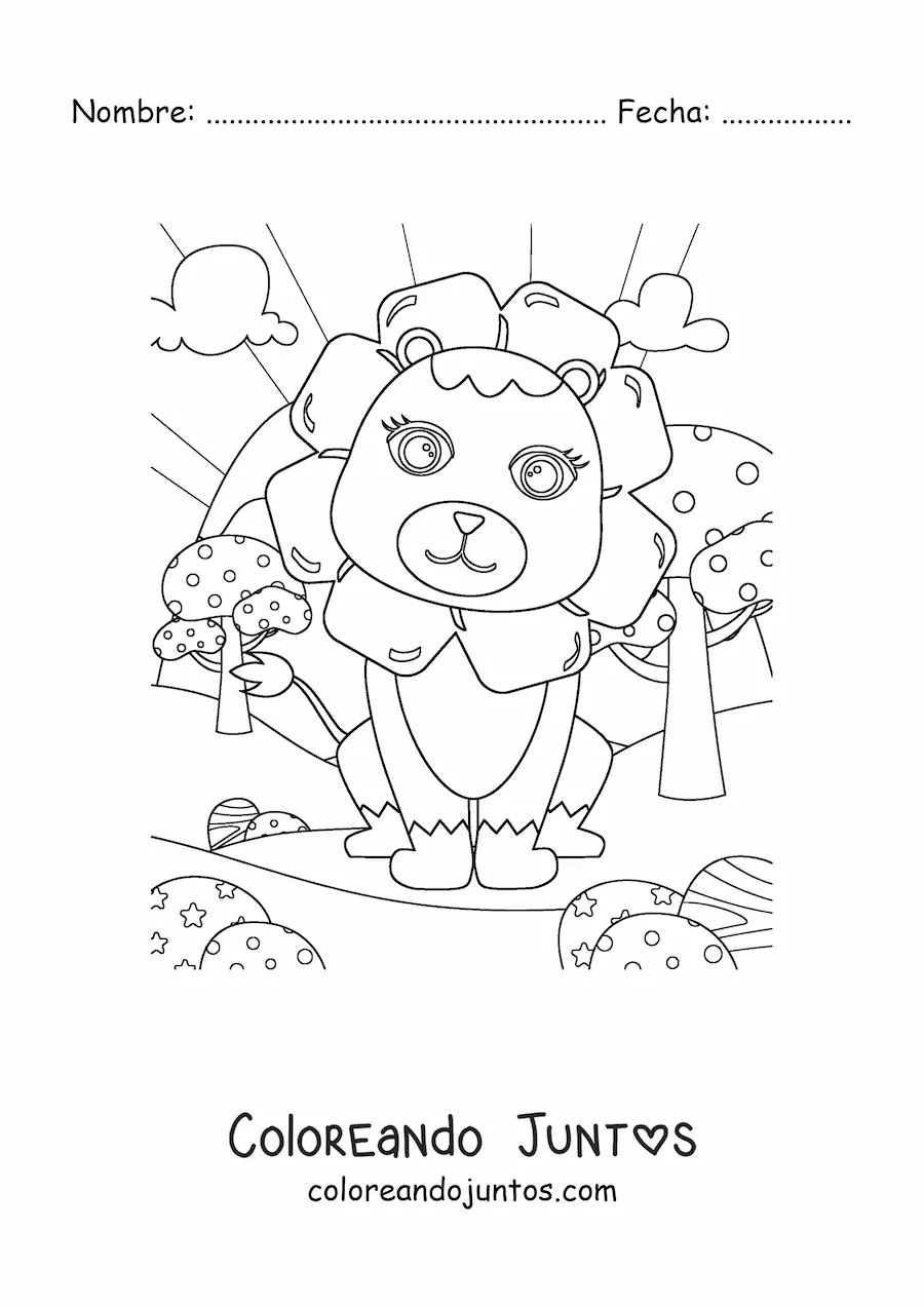 Imagen para colorear de un león kawaii sentado de espaldas al sol con los ojos abiertos
