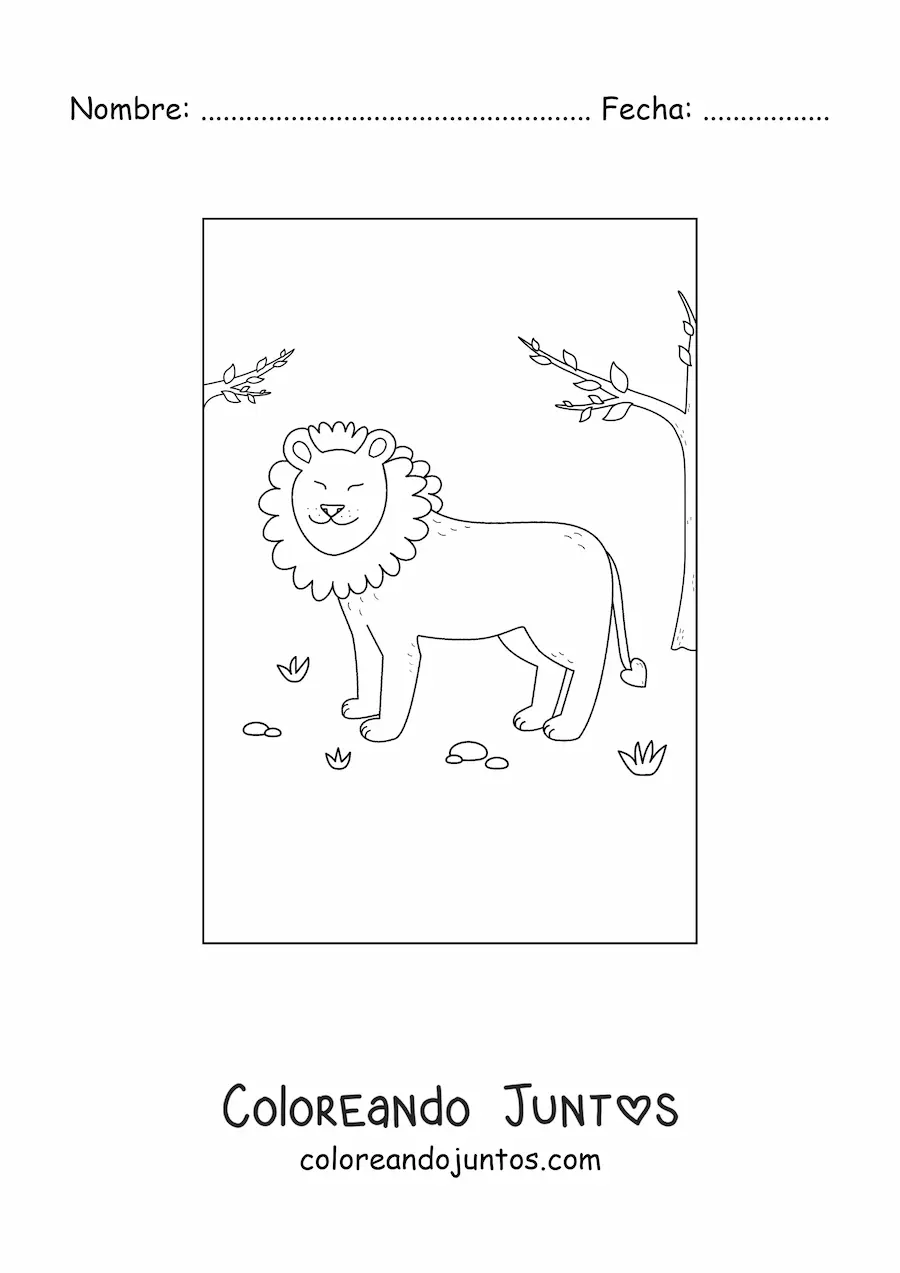 Imagen para colorear de un león tierno sonriente en su hábitat natural