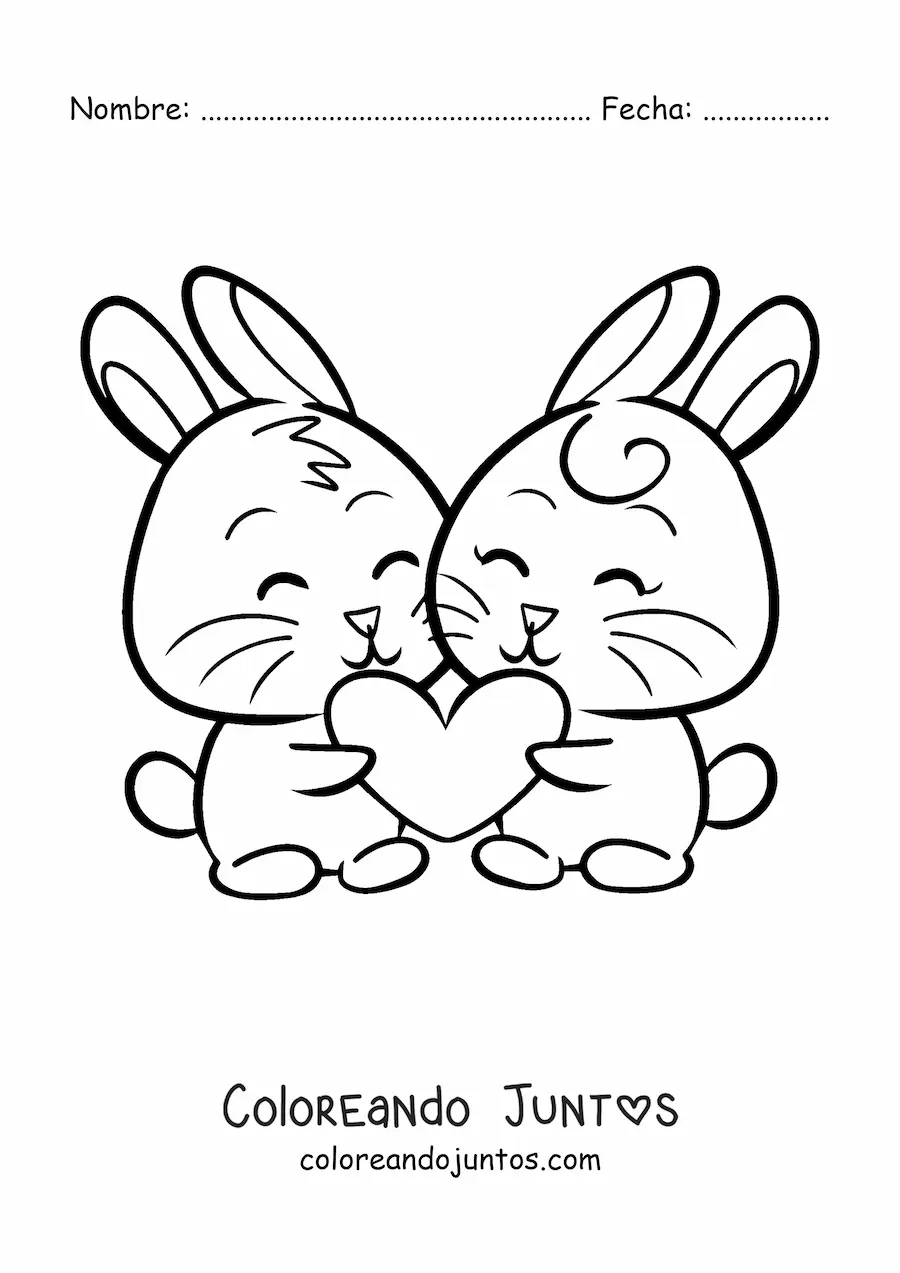 Imagen para colorear de una pareja de conejitos sujetando un corazón juntos