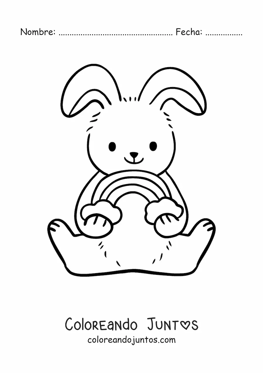 Imagen para colorear de un conejo tierno sentado sosteniendo un arcoiris