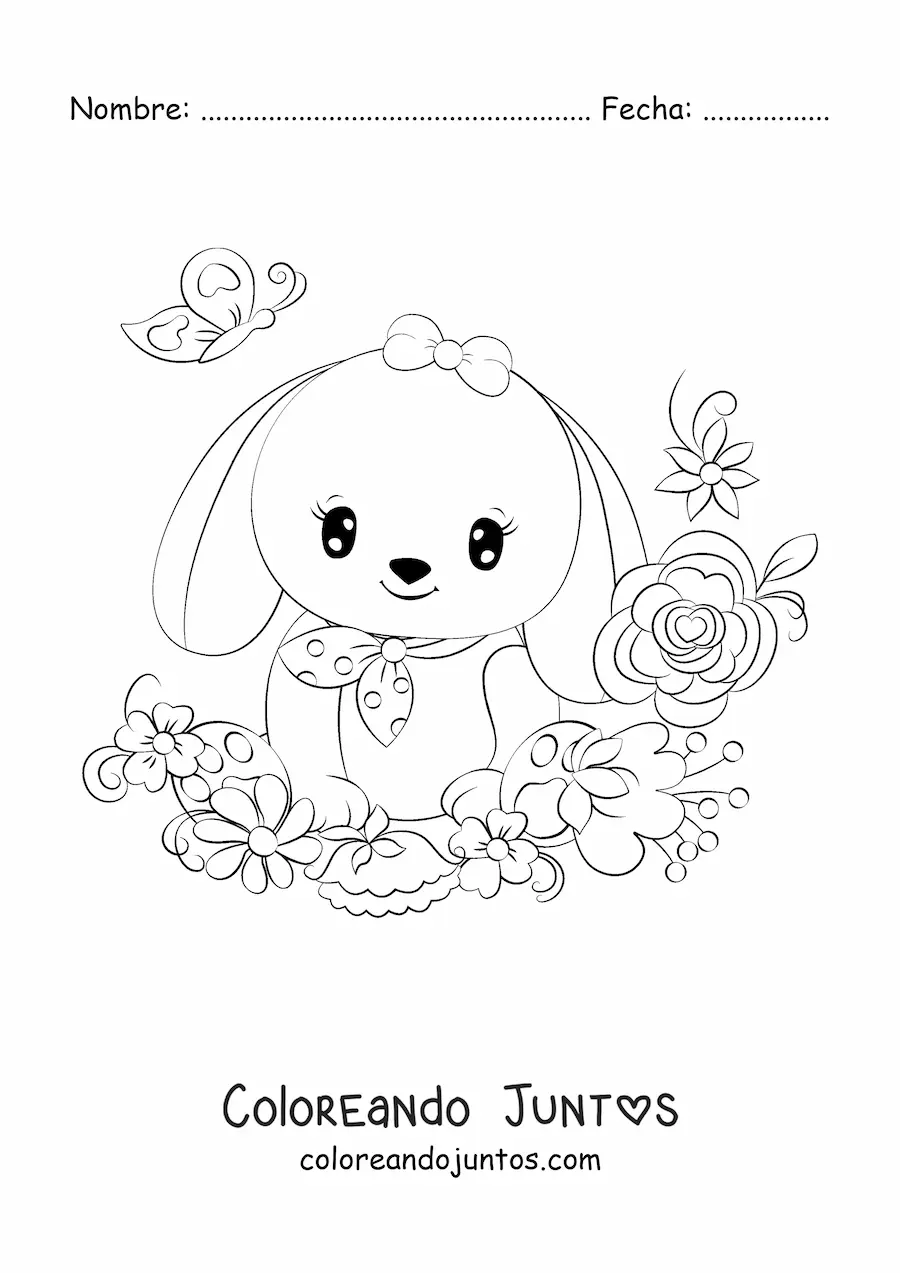 Imagen para colorear de un conejo kawaii con ojos brillantes y orejas caídas rodeado de flores