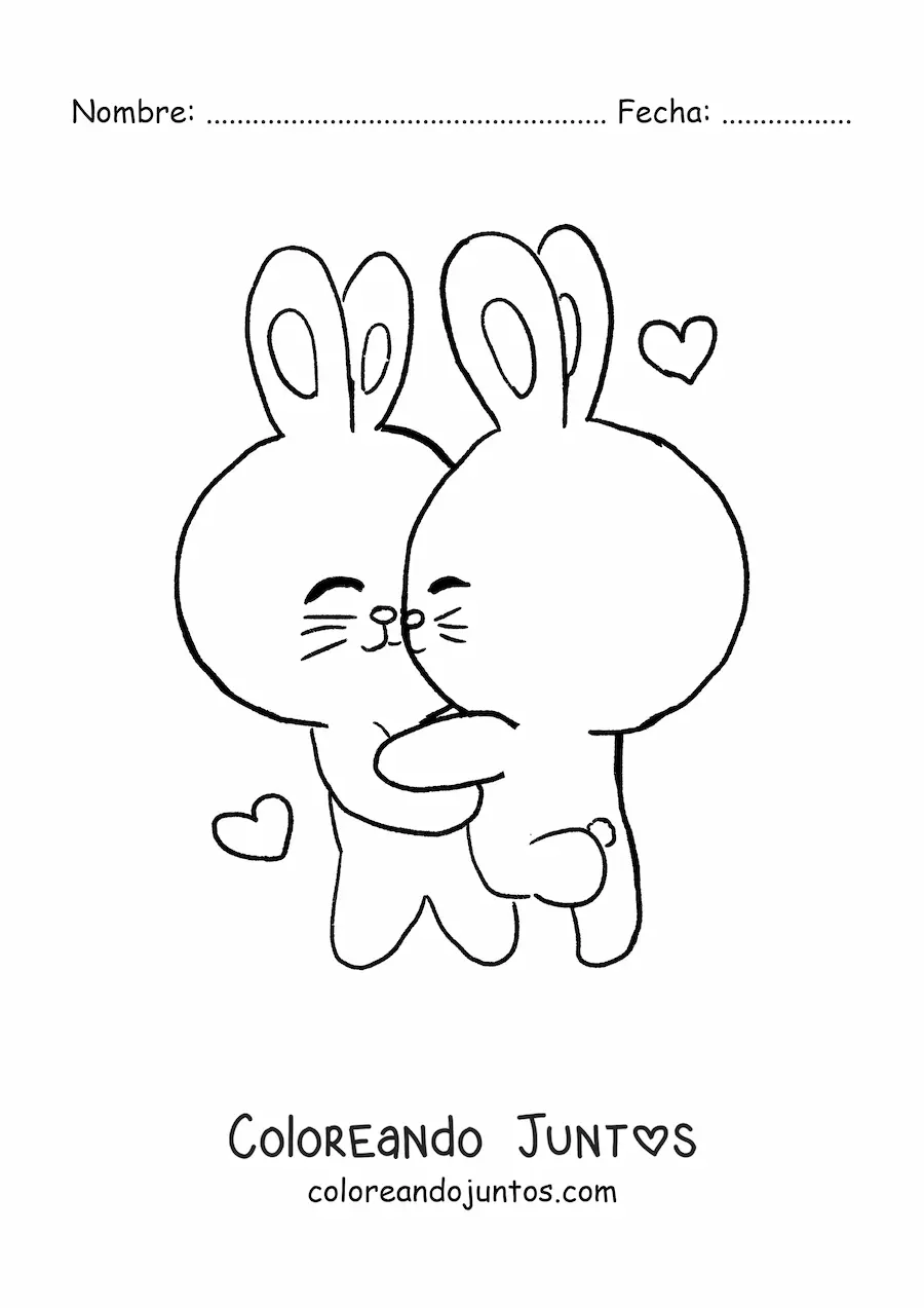 Imagen para colorear de dos conejos tiernos abrazándose con corazones flotantes