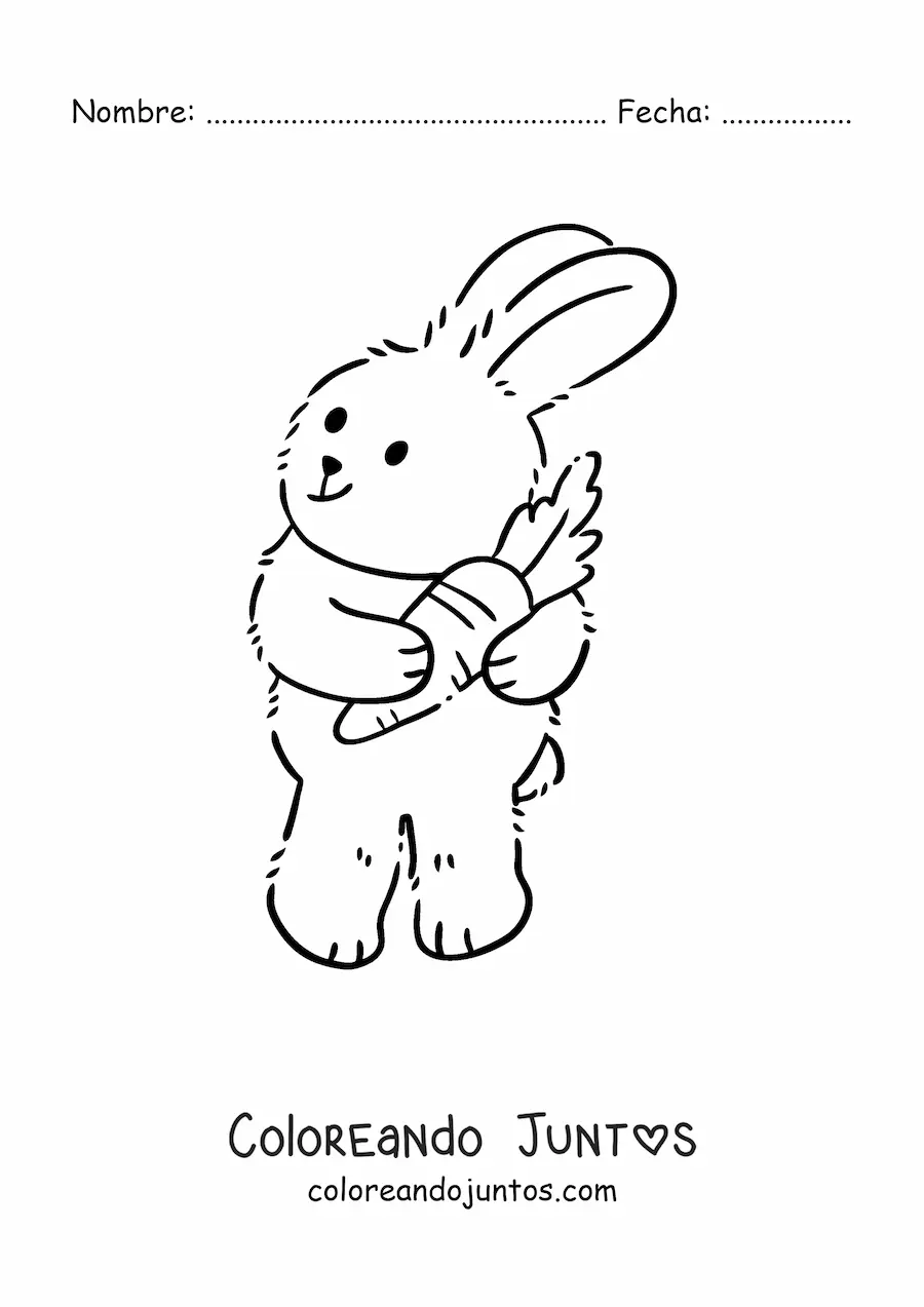 Imagen para colorear de un conejo grande animado en dos patas abrazando una zanahoria