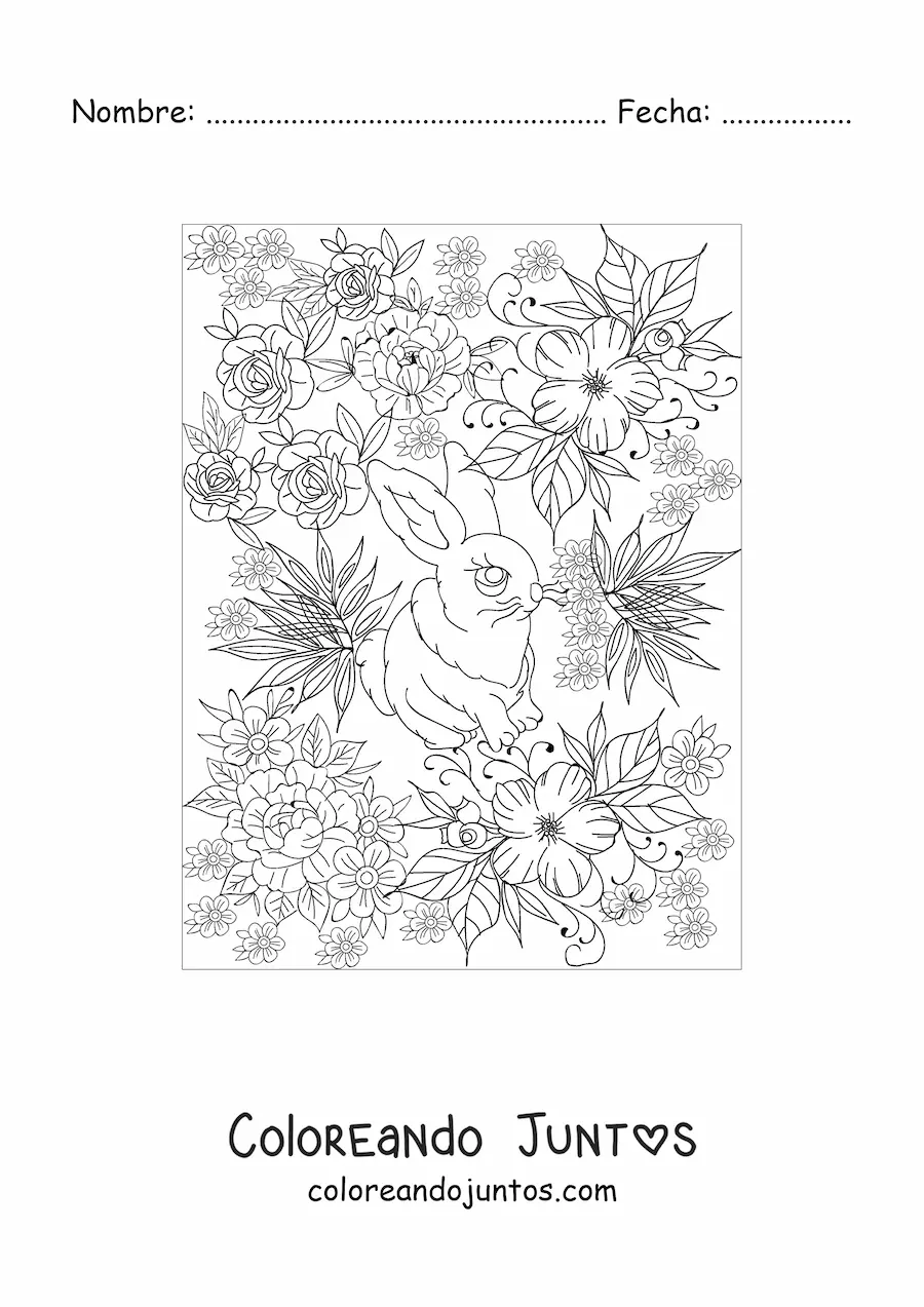 Imagen para colorear de un conejo pequeño de ojos grandes rodeado de flores