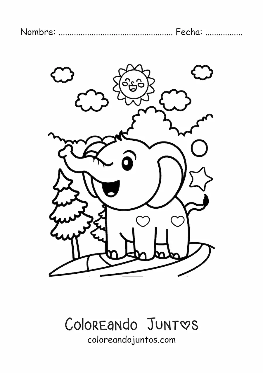 Imagen para colorear de un elefante bebé kawaii con estrellas y corazones en un paisaje de selva