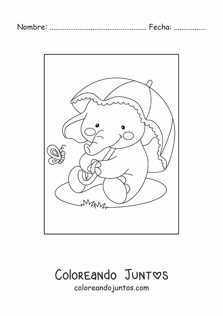 Imagen para colorear de un elefante bebé kawaii sentado bajo una sombrilla viendo una mariposa