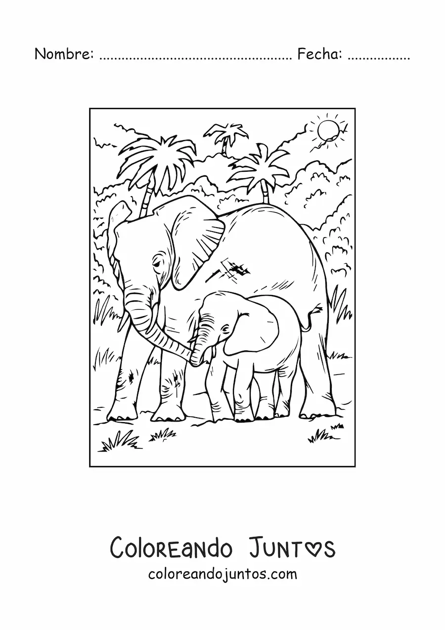 Imagen para colorear de una mamá y un bebé elefante realista caminando en la selva