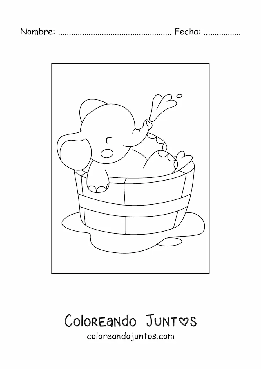 Imagen para colorear de un elefante bebé kawaii dentro de una tina bañándose con la trompa