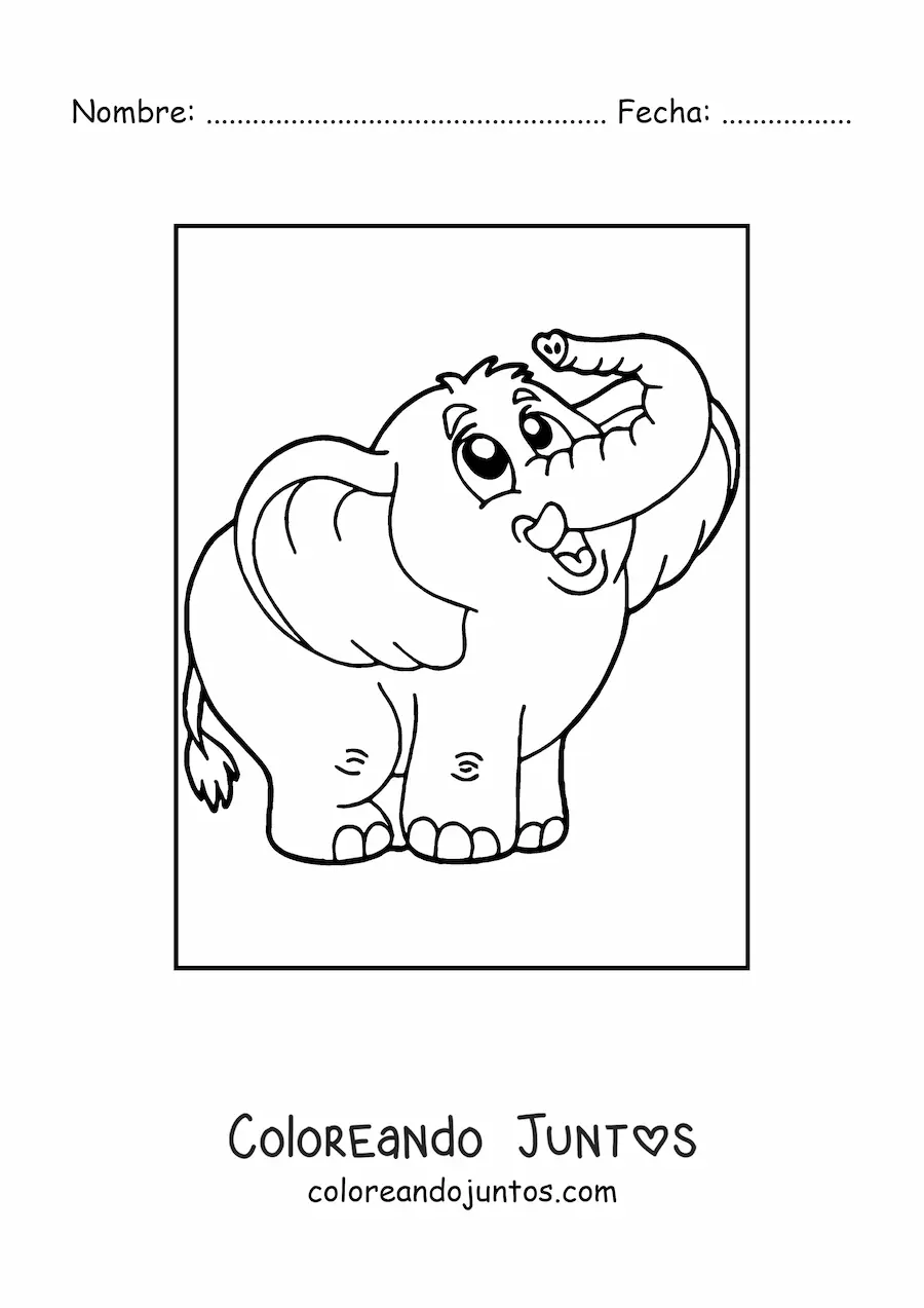 Imagen para colorear de un elefante tierno con la trompa doblada hacia arriba