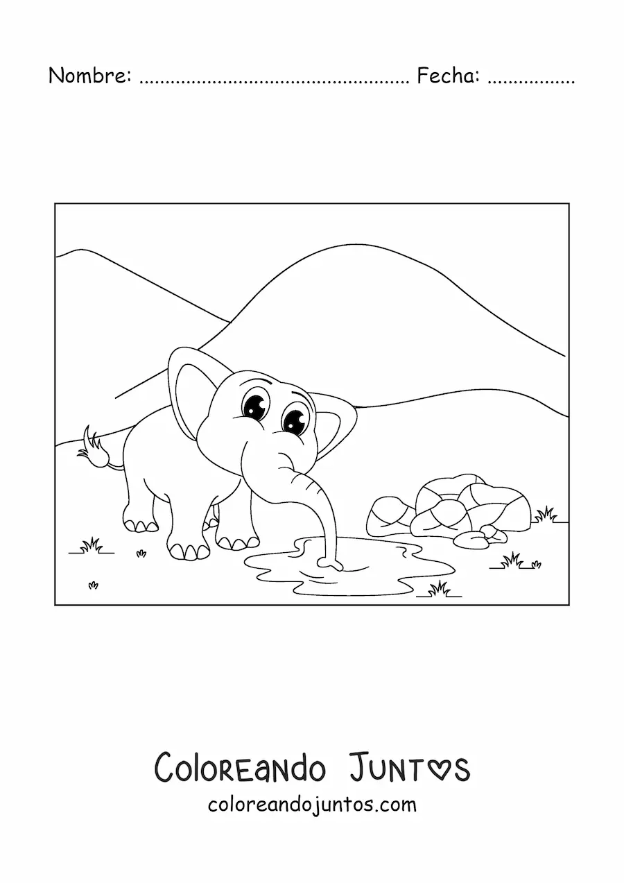 Imagen para colorear de la caricatura de un elefante tierno tomando agua de una charca en la sabana