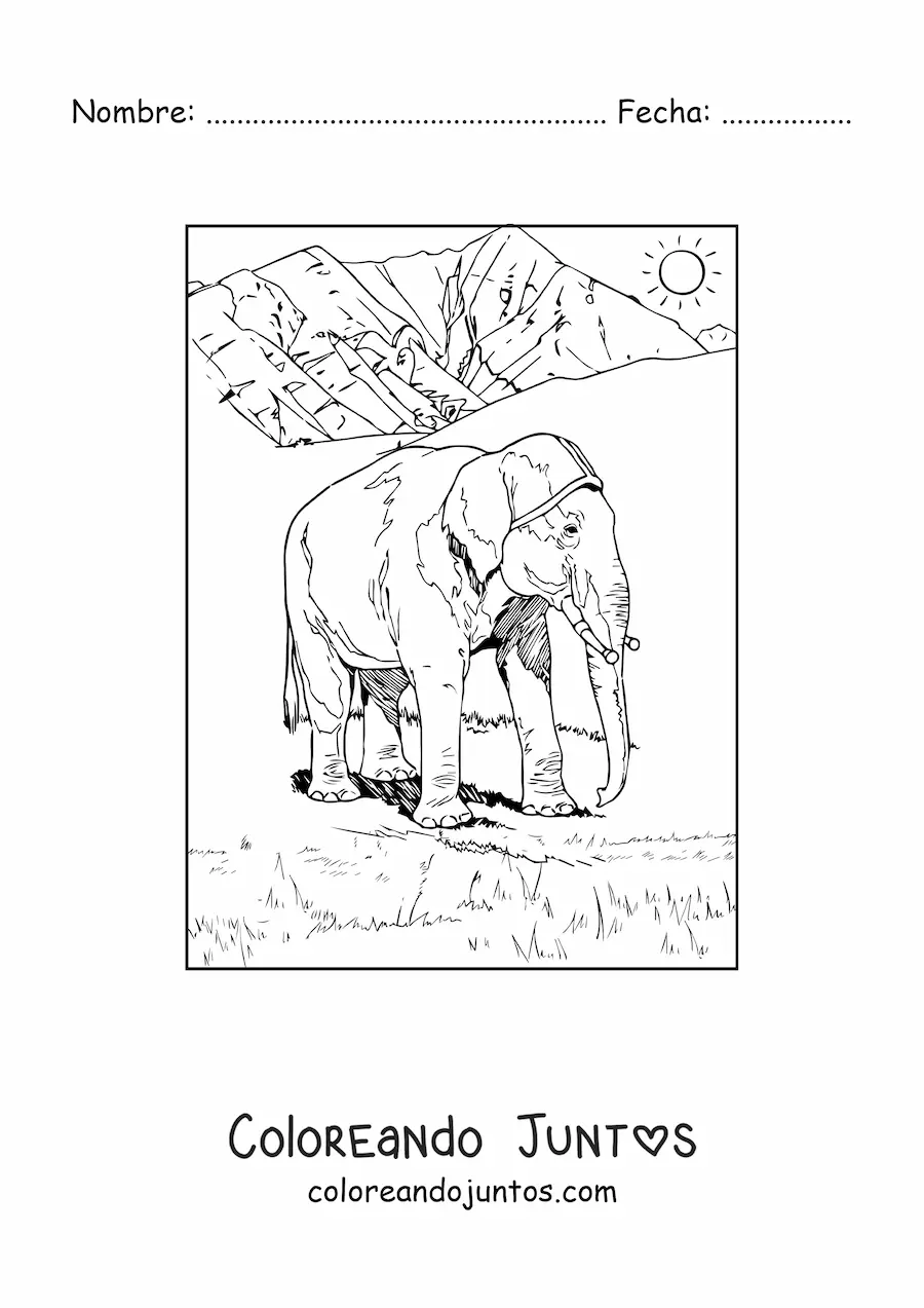 Imagen para colorear de un elefante realista en un día soleado en la sabana