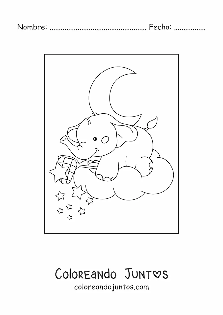Imagen para colorear de un elefante bebé kawaii sobre una nube atrapando estrellas con una red