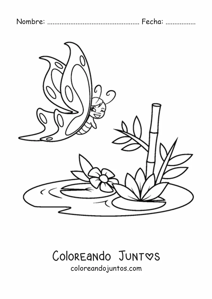 Imagen para colorear de una mariposa animada volando cerca de flores nenúfares