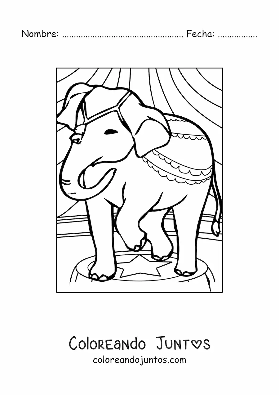 Imagen para colorear de un elefante en el circo decorado y parado sobre un pedestal