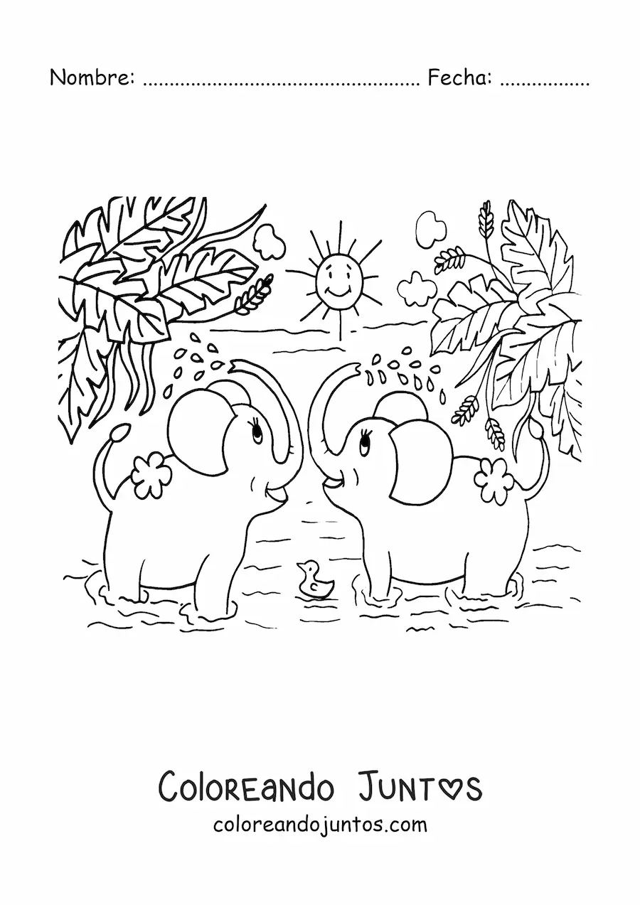 Imagen para colorear de una pareja de elefantes animados bañándose en la selva en un día soleado