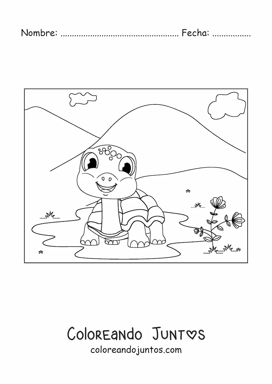 Imagen para colorear de una tortuga de tierra animada sonriente en un charco en un paisaje de montañas