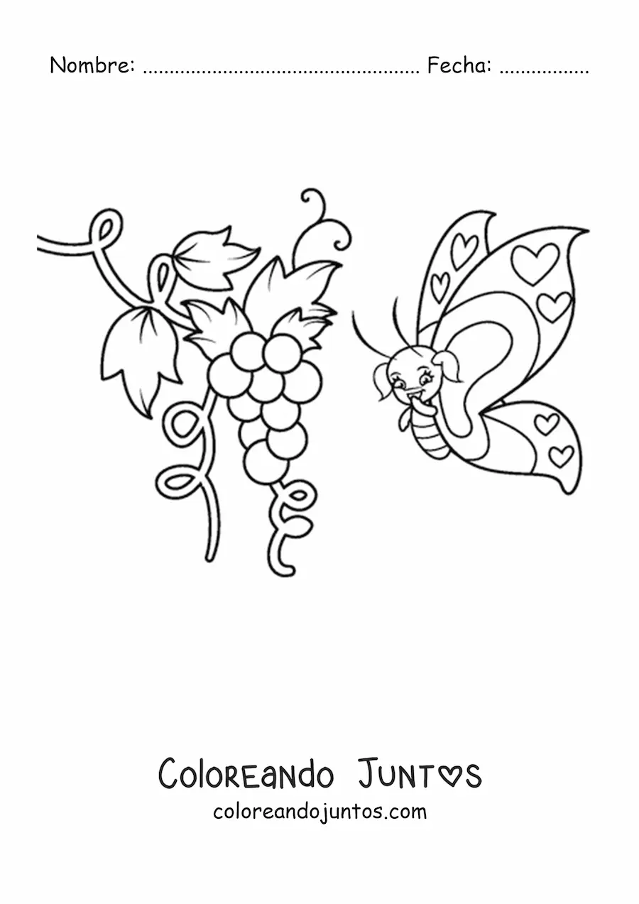 Imagen para colorear de una mariposa animada volando cerca de unas uvas