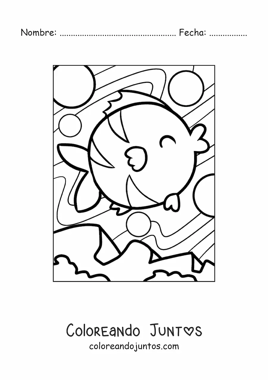 Imagen para colorear de un pez animado feliz nadando entre burbujas en el agua