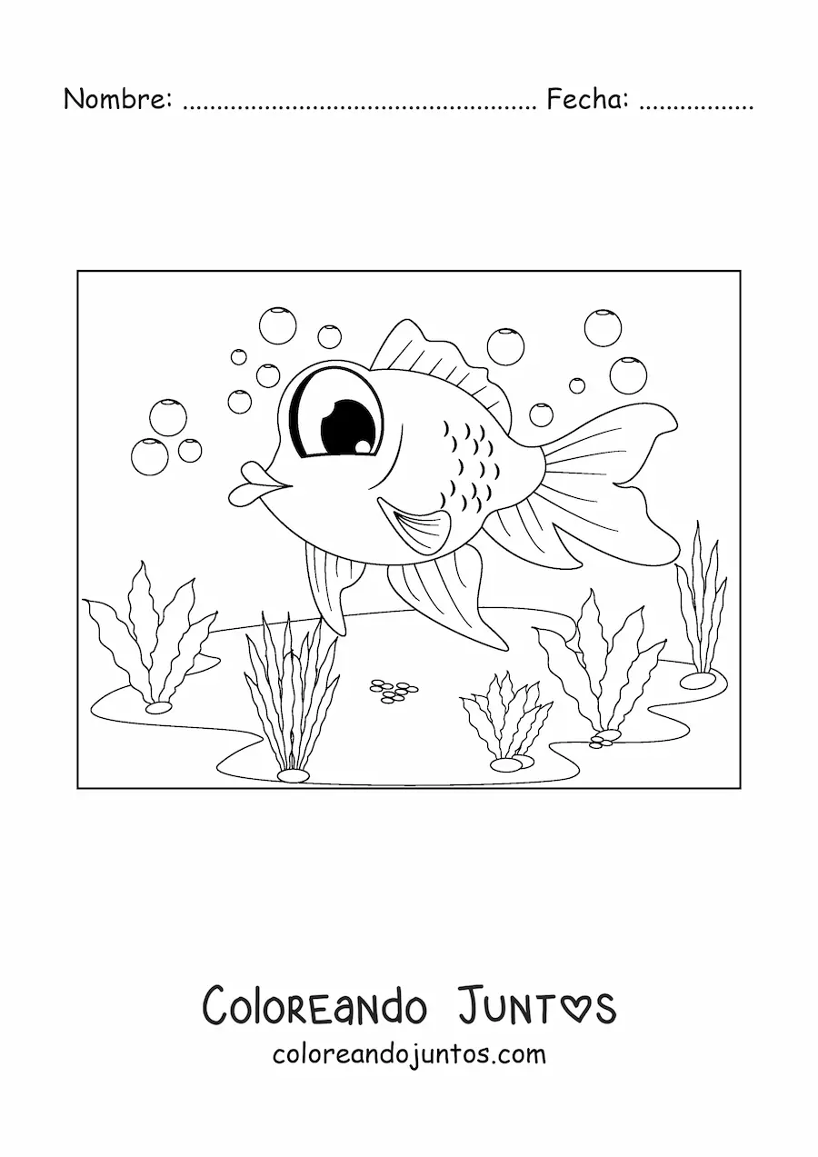 Imagen para colorear de la caricatura de un pez dorado de ojos grandes nadando entre algas