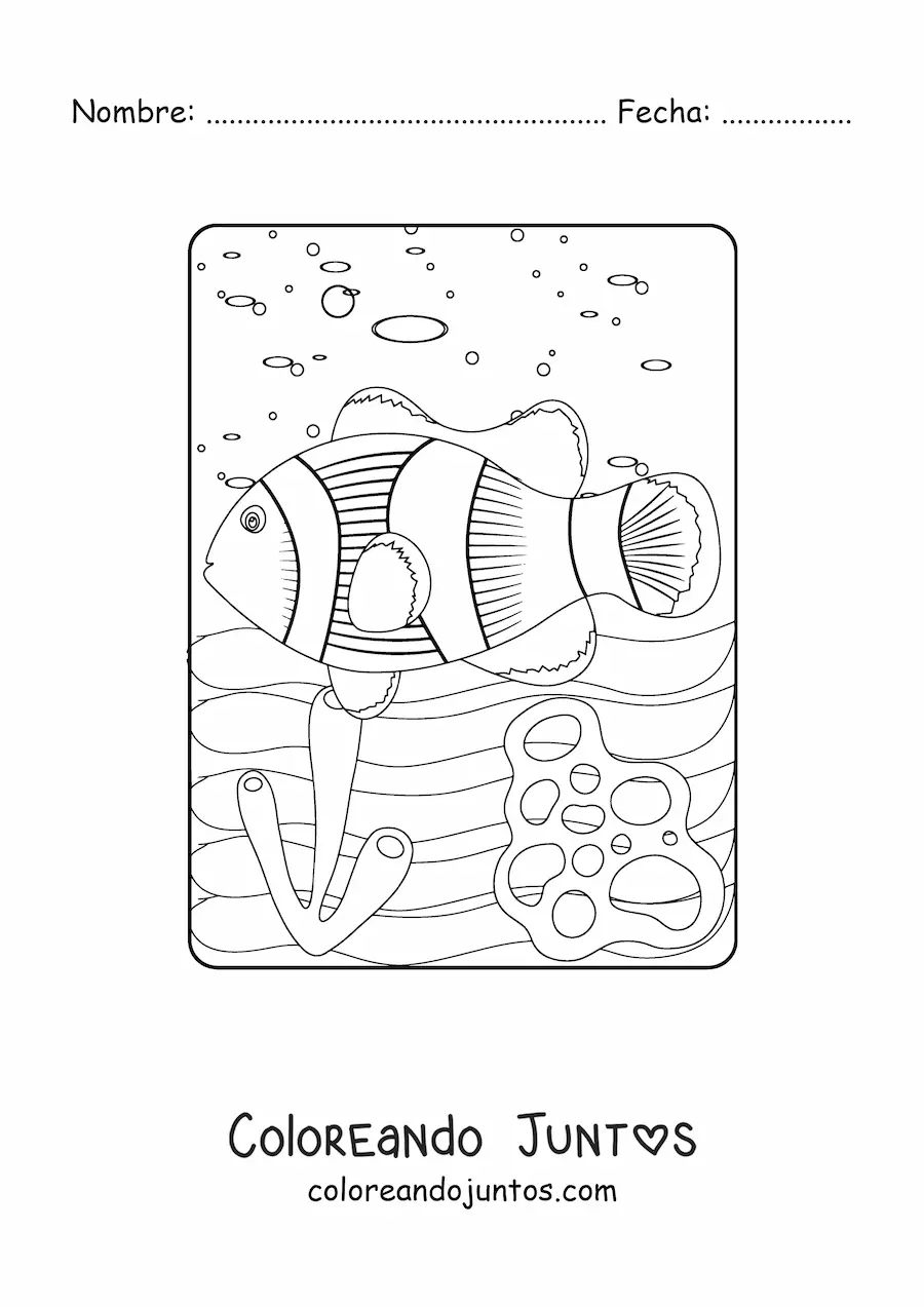 Imagen para colorear de un pez payaso nadando entre corales en el mar