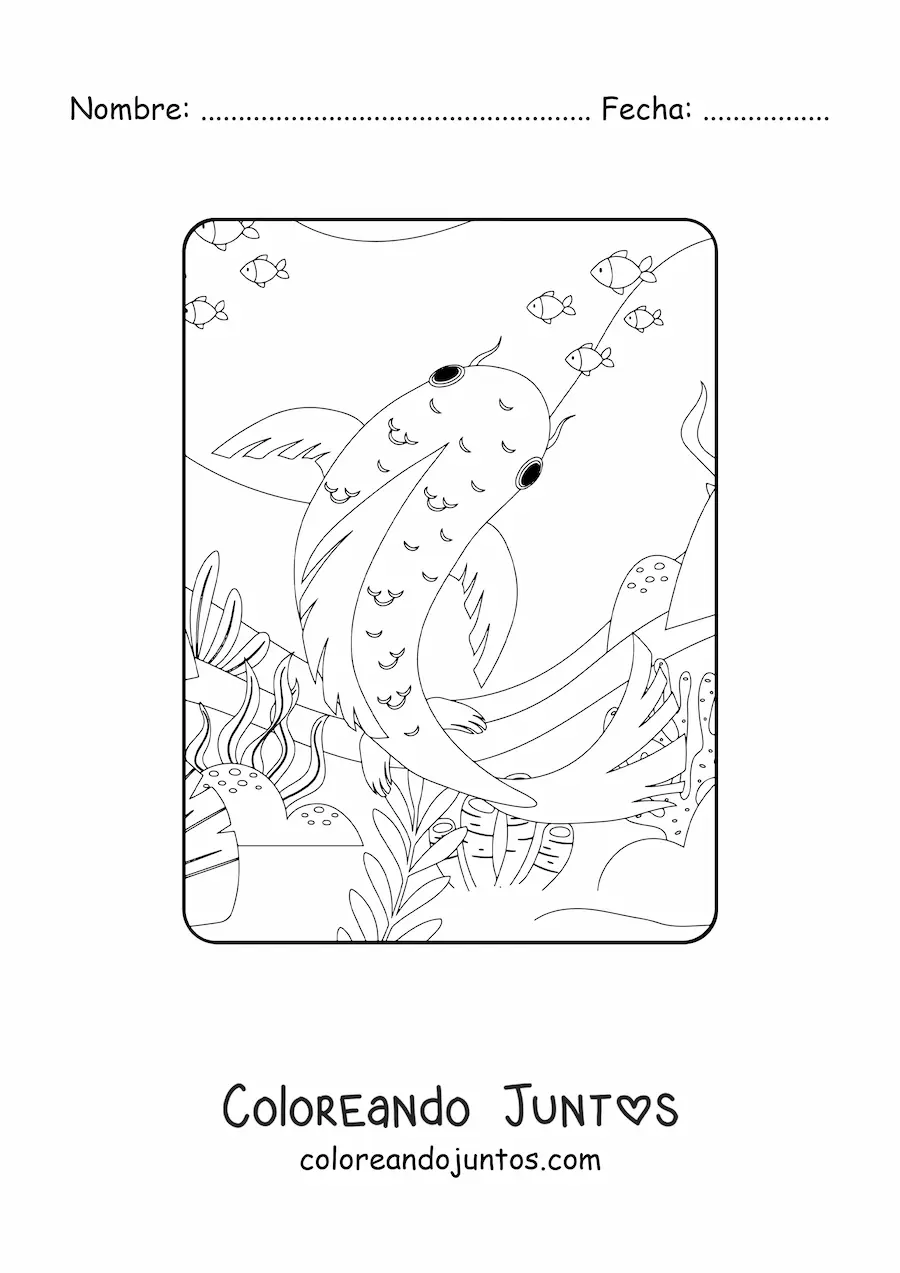 Imagen para colorear de un pez koi nadando en el arrecife con otros peces