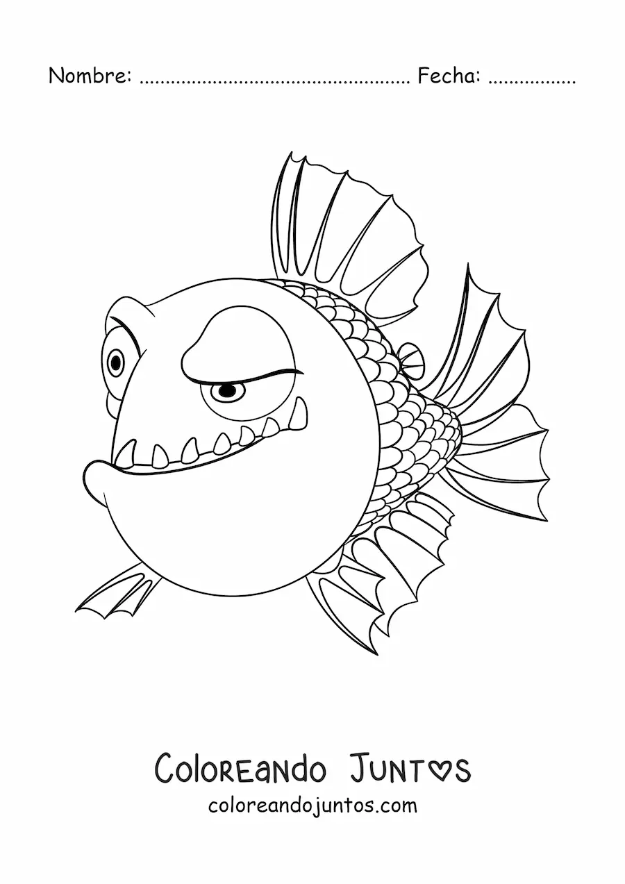 Imagen para colorear de una piraña animada con expresión de sospecha