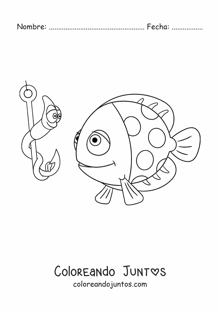 Imagen para colorear de un pez animado junto a un gusano animado colgado a un anzuelo