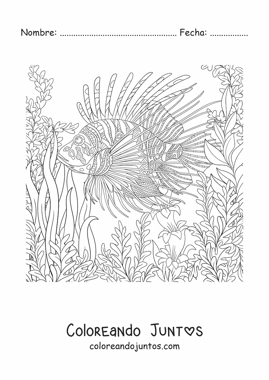 Imagen para colorear de un pez león en el fondo del mar nadando entre algas