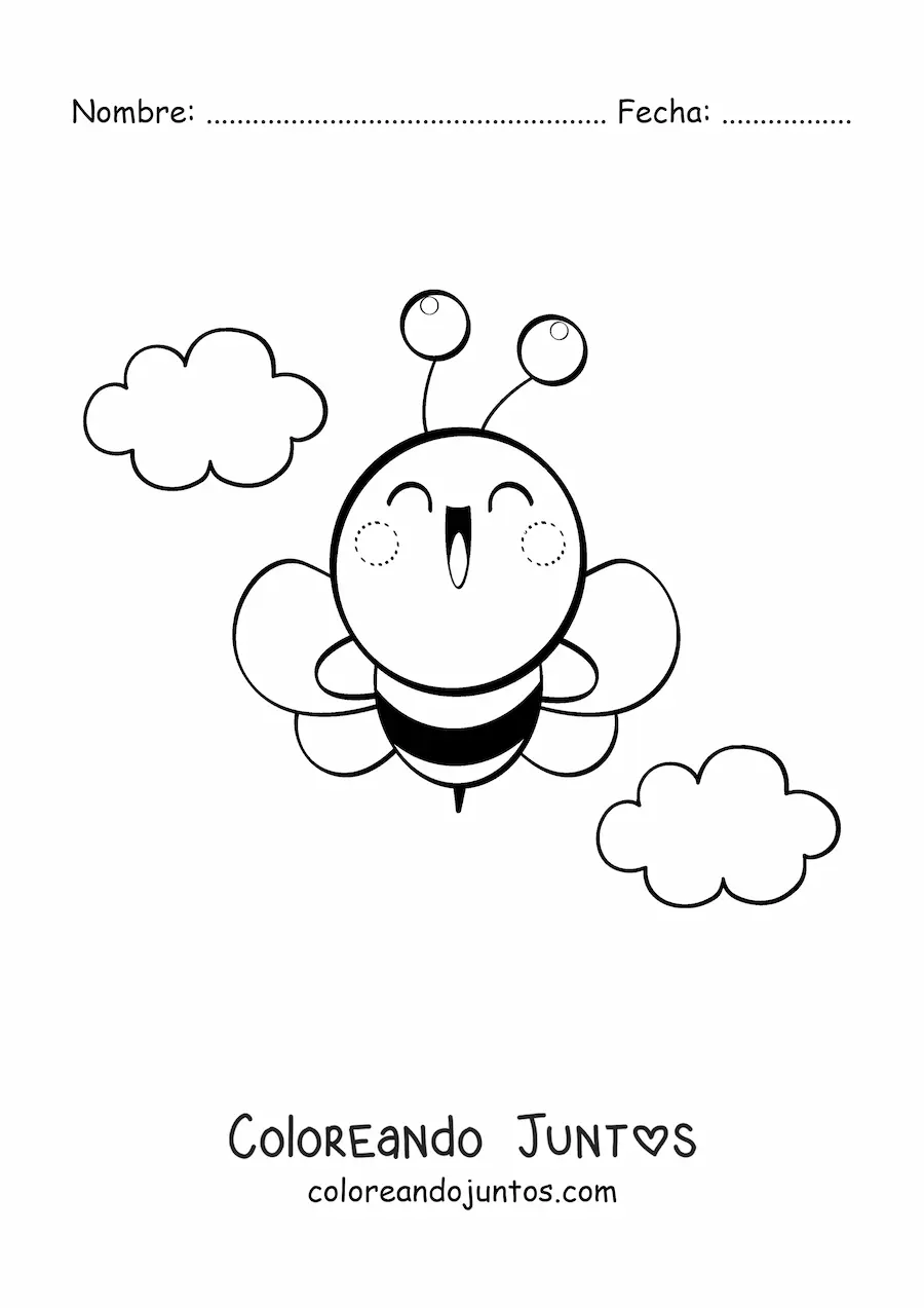 Imagen para colorear de una abeja kawaii grande feliz volando en el cielo con nubes al fondo