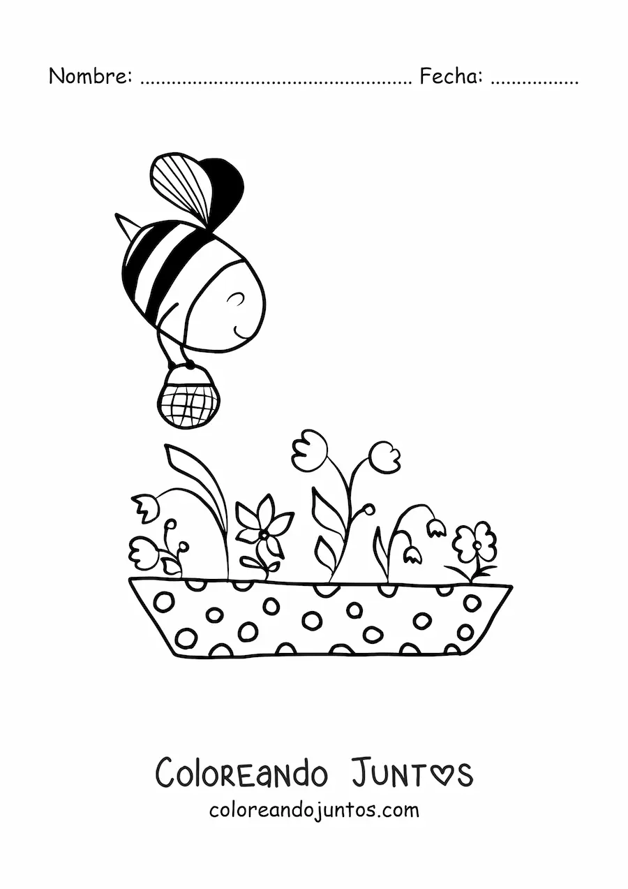 Imagen para colorear de una abeja kawaii volando sobre varias flores llevando una cesta