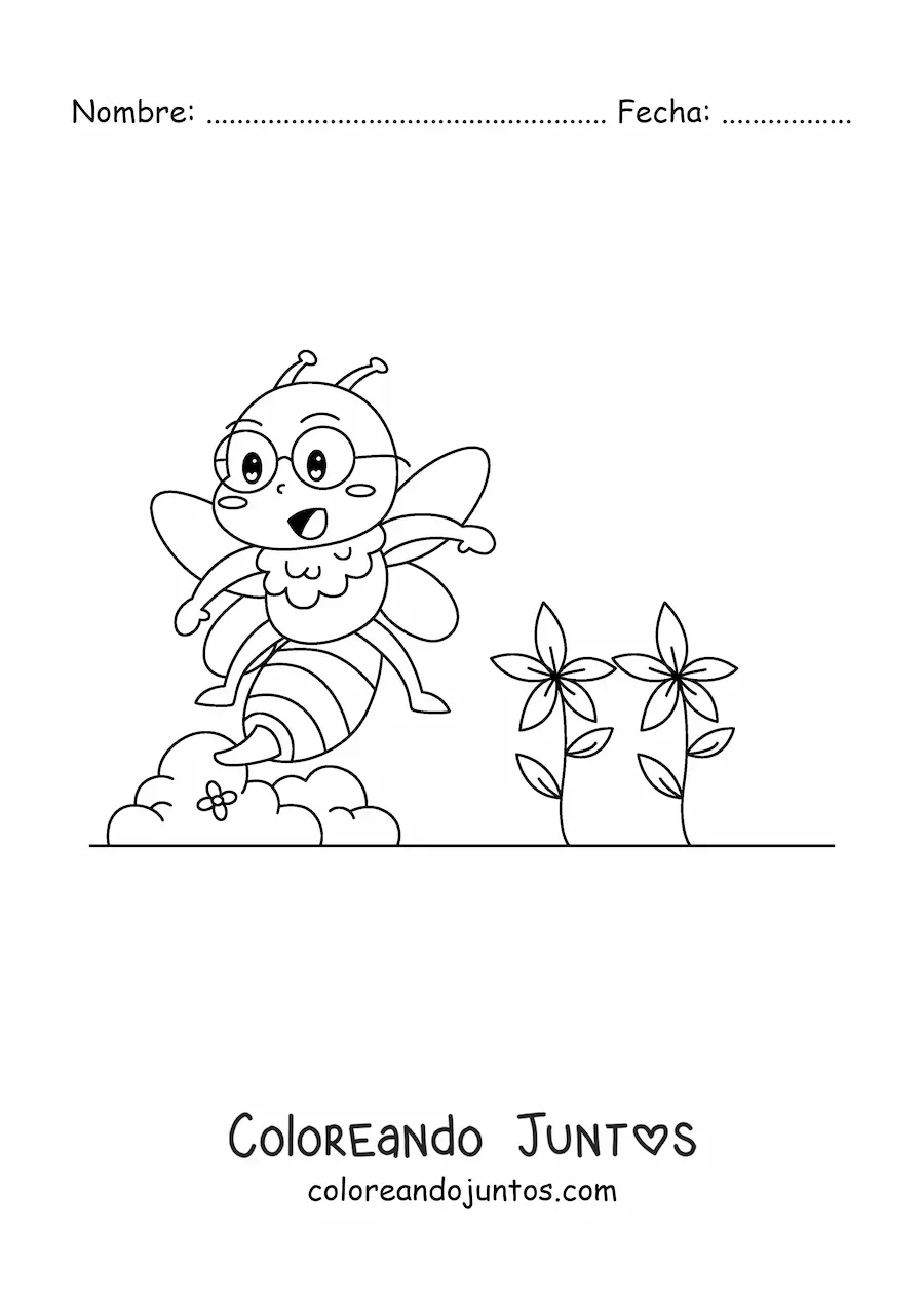 Imagen para colorear de una abeja kawaii animada con lentes cerca de unas flores