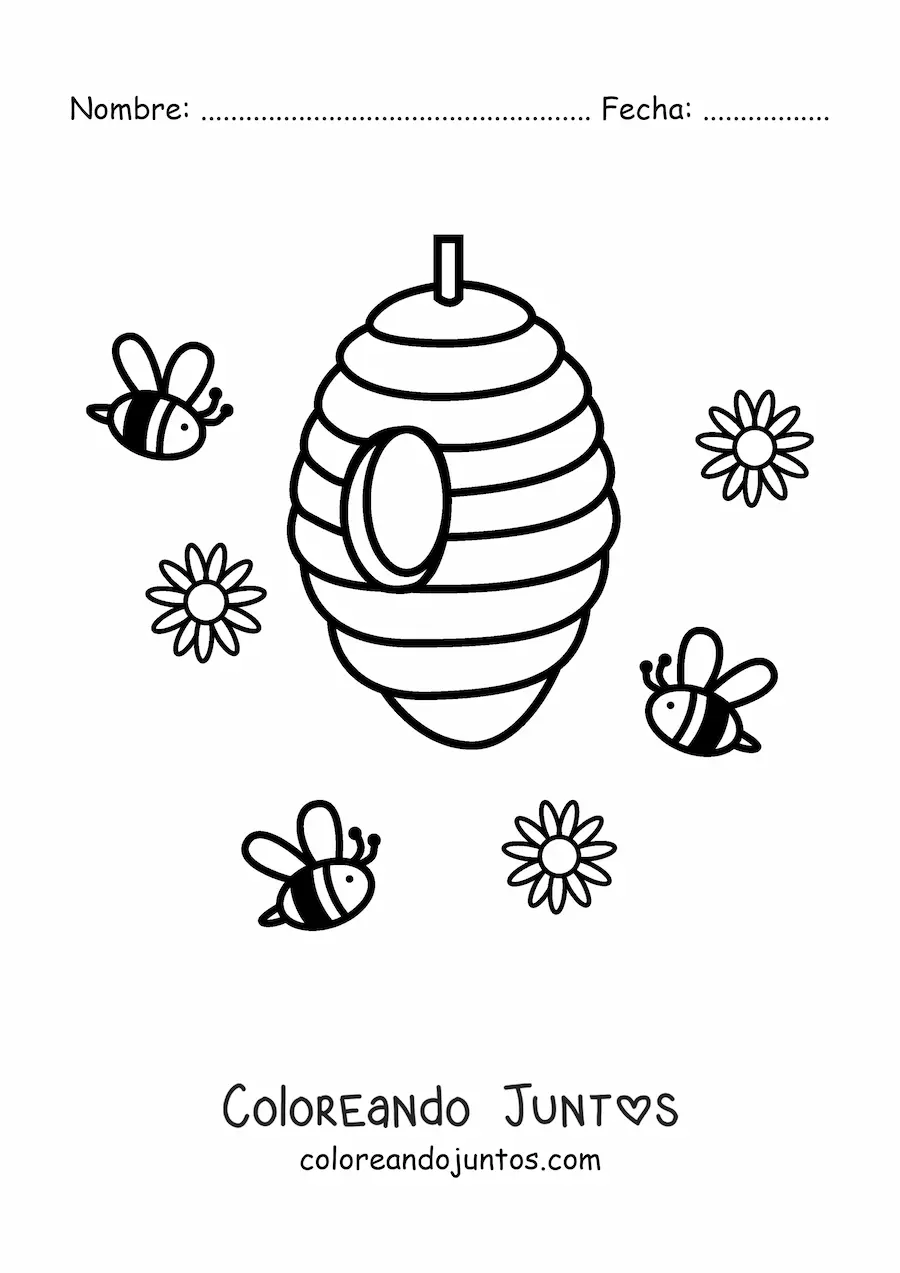 Imagen para colorear de varias abejas animadas volando hacia un panal junto a flores en el aire