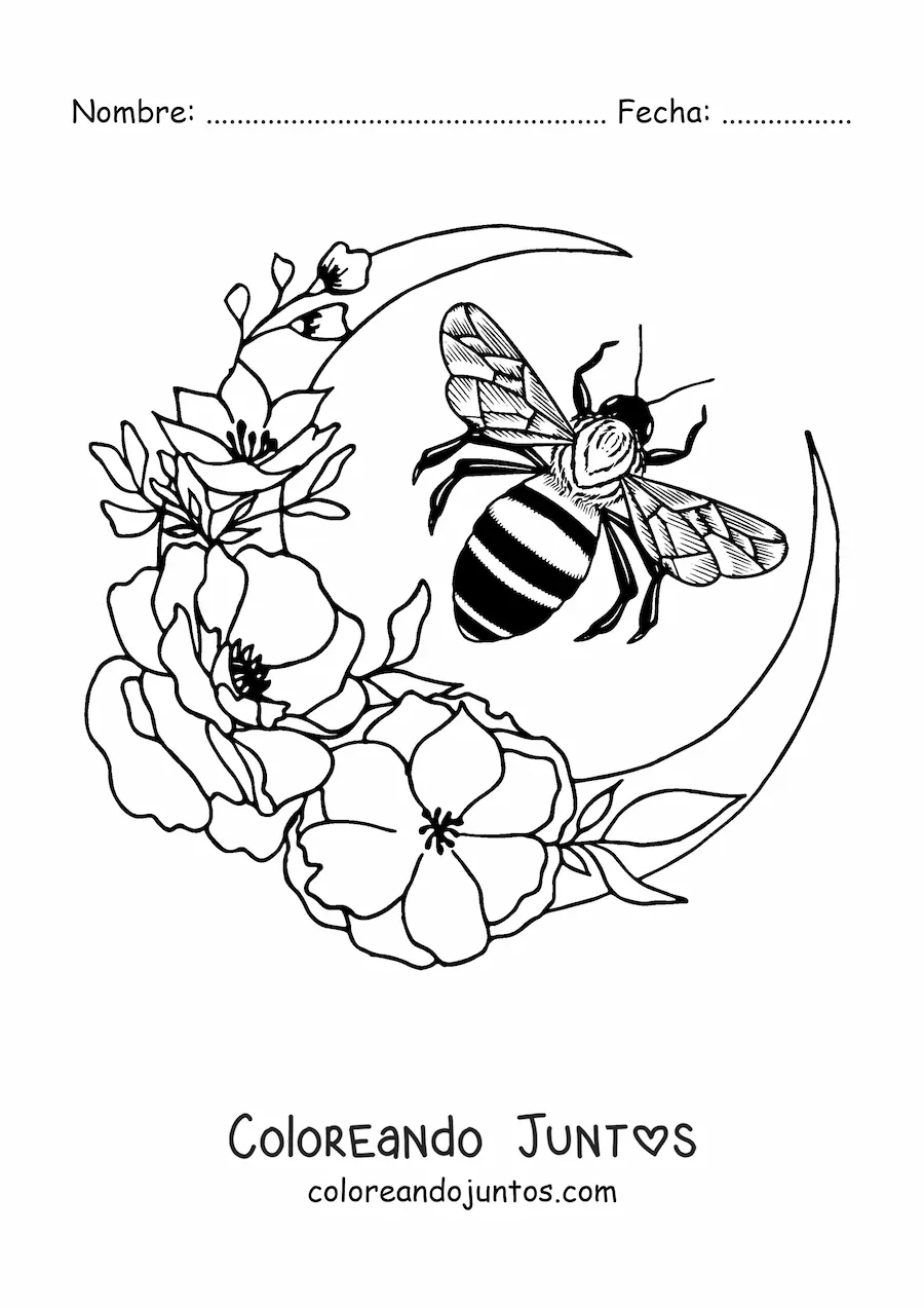 Imagen para colorear de una abeja volando cerca de una media luna decorada con flores