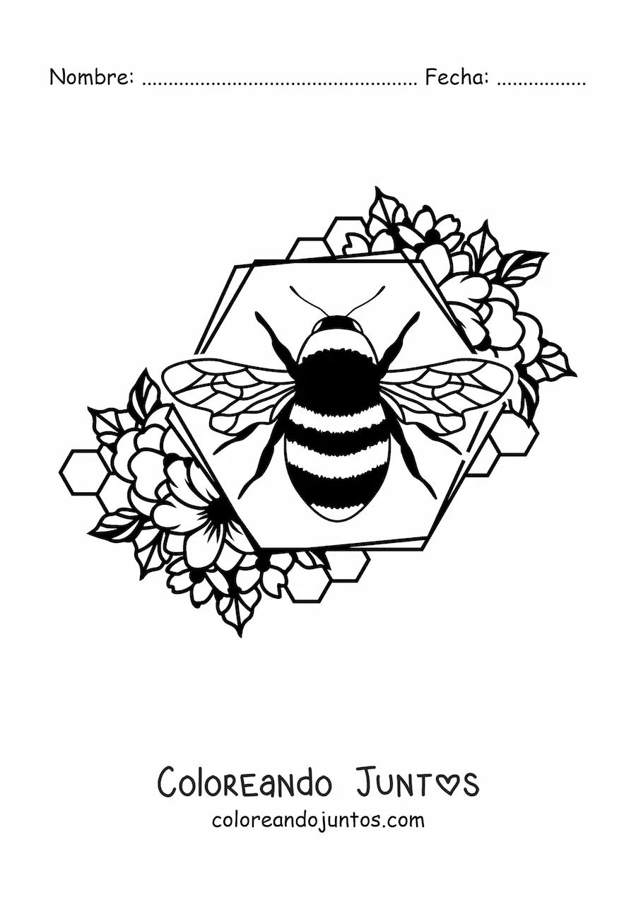 Imagen para colorear de una abeja pequeña sobre la celda de un panal decorada con flores
