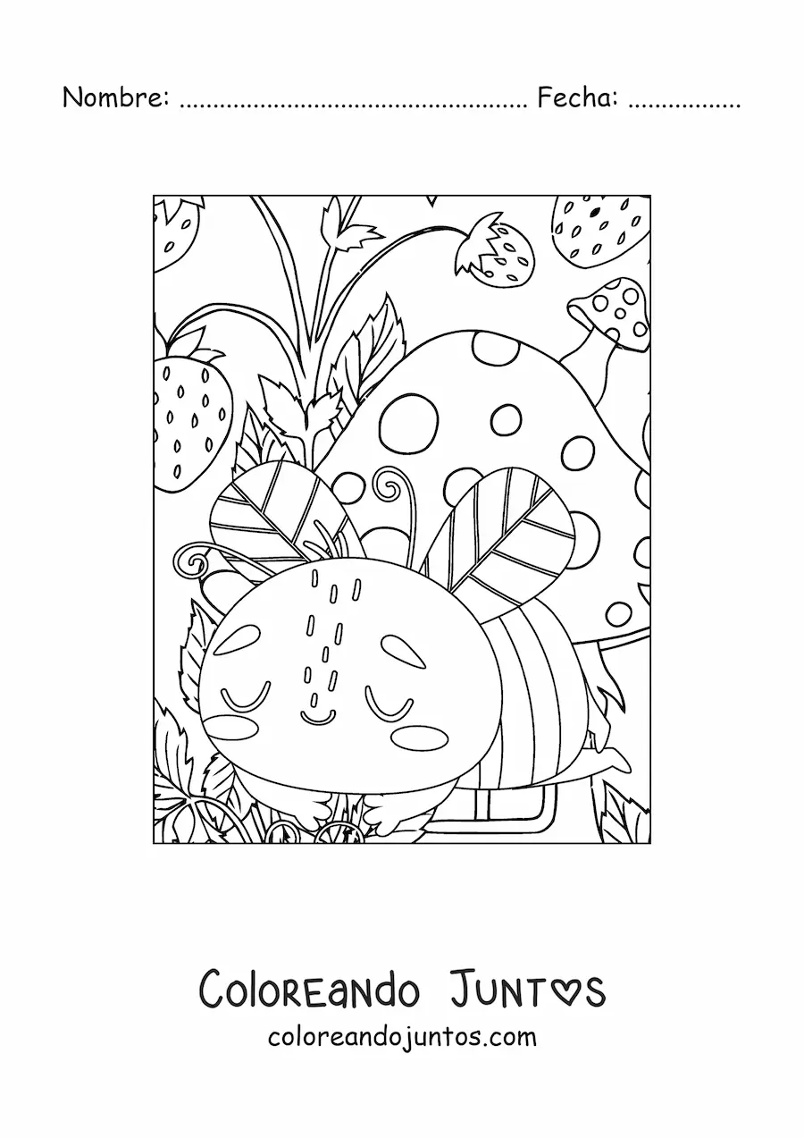 Imagen para colorear de una abeja tierna durmiendo entre hongos y fresas
