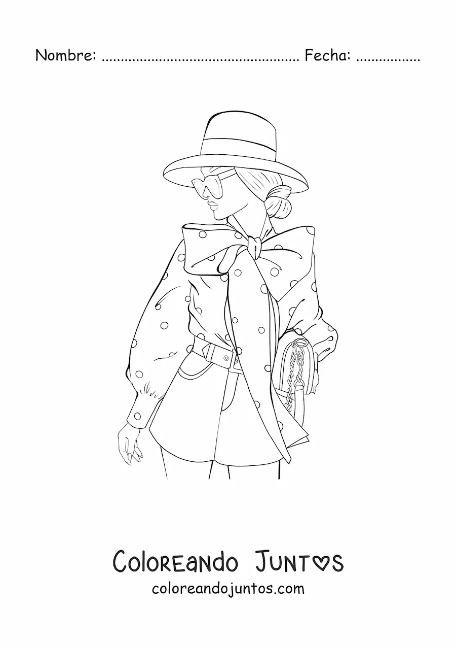 Imagen para colorear de una mujer usando lentes de sol y un sombrero elegante