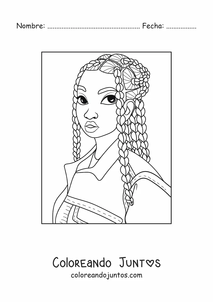 Imagen para colorear de una chica afroamericana con el cabello trenzado