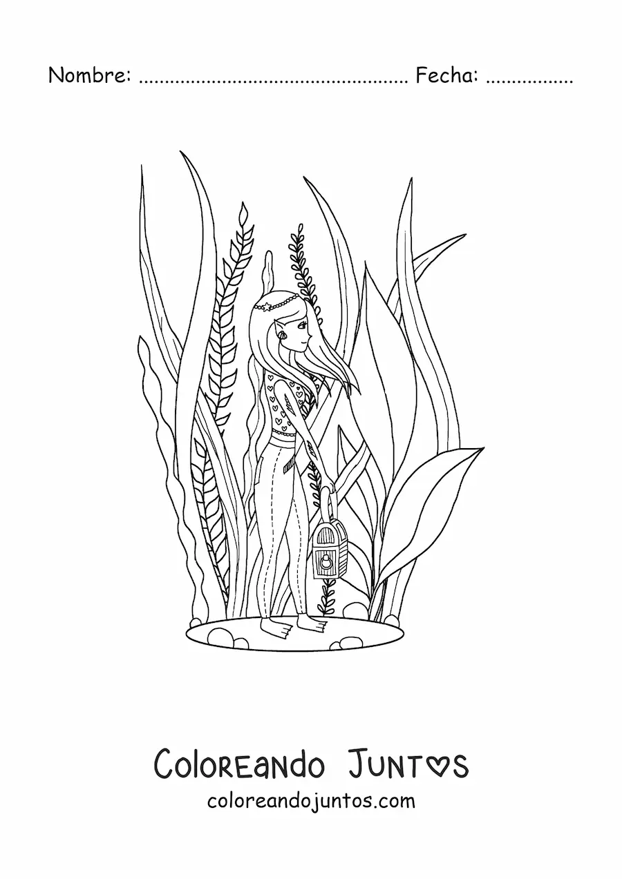 Imagen para colorear de una chica moderna con rasgos de elfo bajo el agua