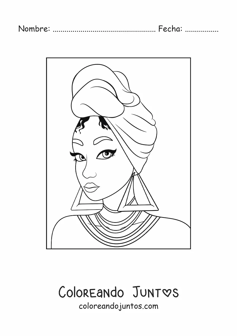 Imagen para colorear de una chica afrodescendiente con zarcillos grandes y un turbante