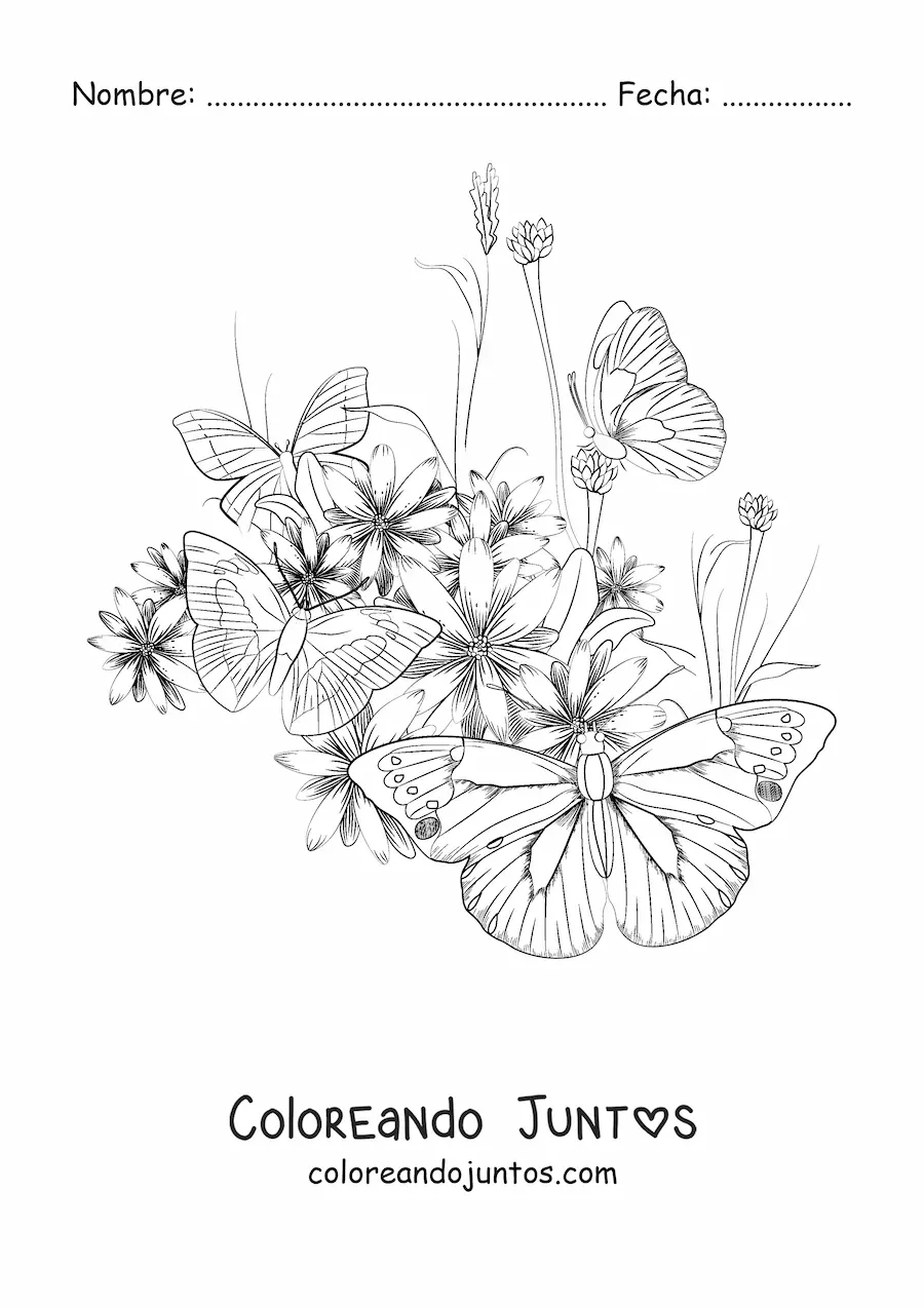 Imagen para colorear de varias mariposas posadas sobre flores
