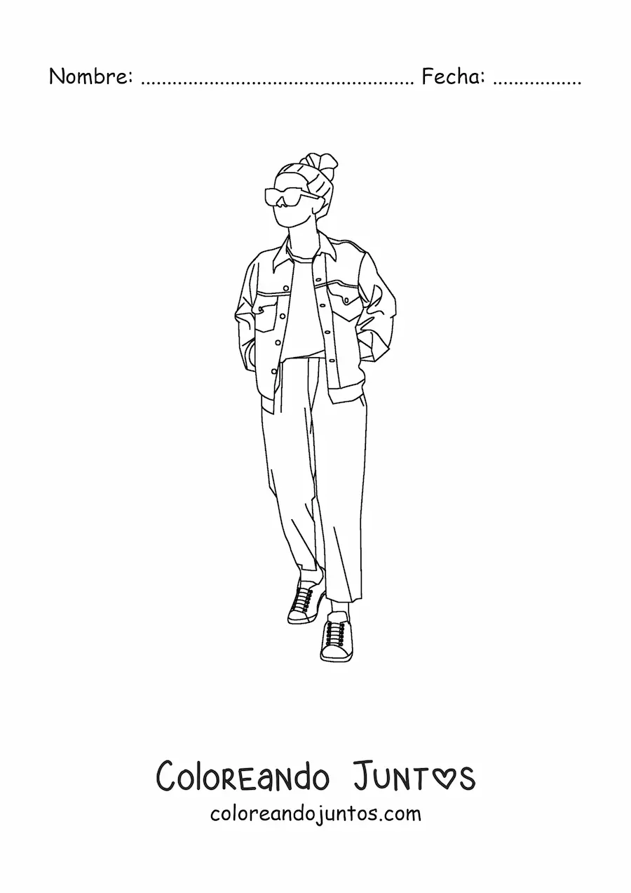 Imagen para colorear de una chica con ropa moderna dibujada de cuerpo completo
