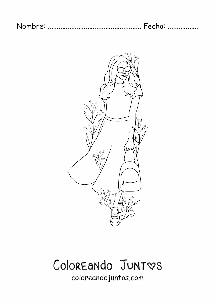 Imagen para colorear de una chica moderna recostada a una pared rodeada de flores