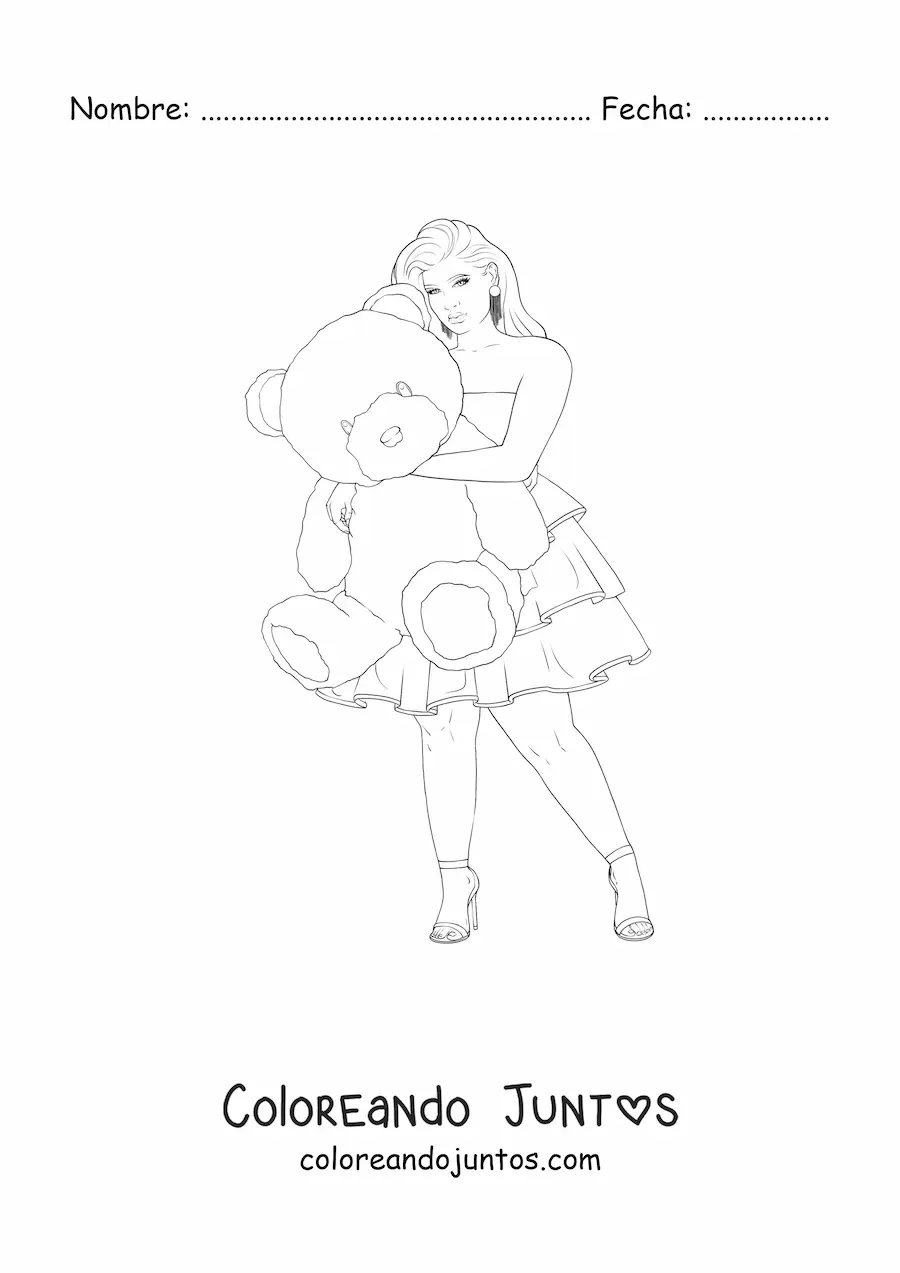 Imagen para colorear de una chica con vestido corto casual sujetando un oso de peluche