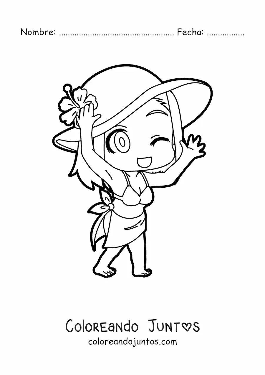 Imagen para colorear de una chica kawaii vestida para ir a la playa