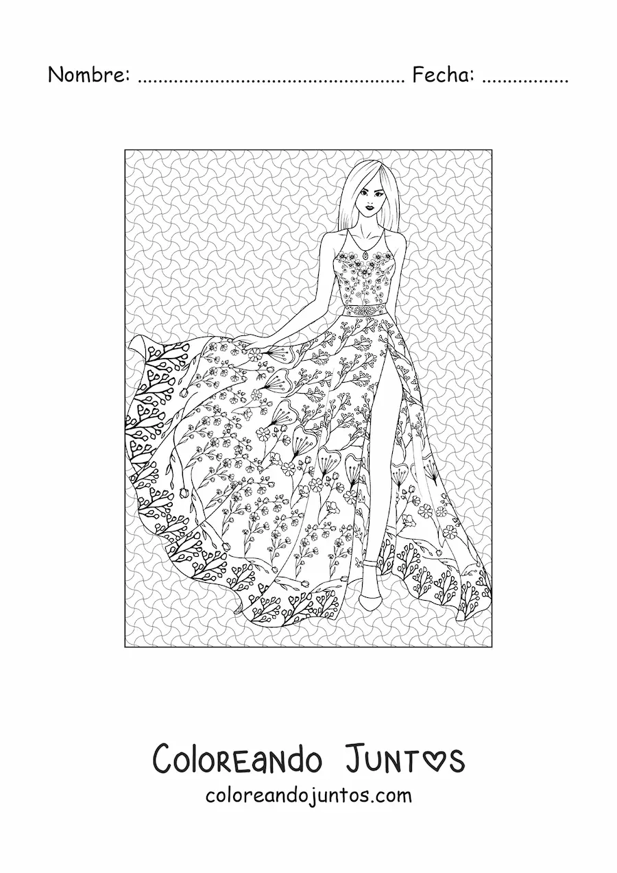 Imagen para colorear de una mujer con un vestido largo de diseño floreado