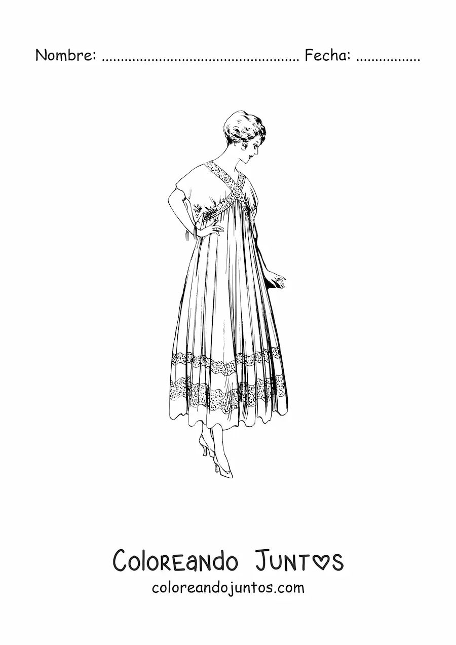 Imagen para colorear de una mujer vestida con un vestido vintage